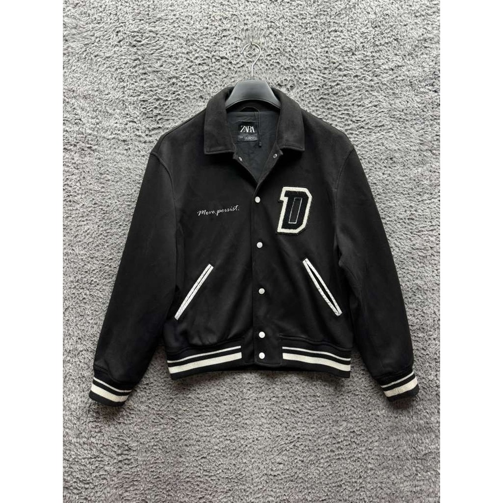 Zara Faux Suede Patch Embroidered Baseball Bomber Jacket Black Mens Size M